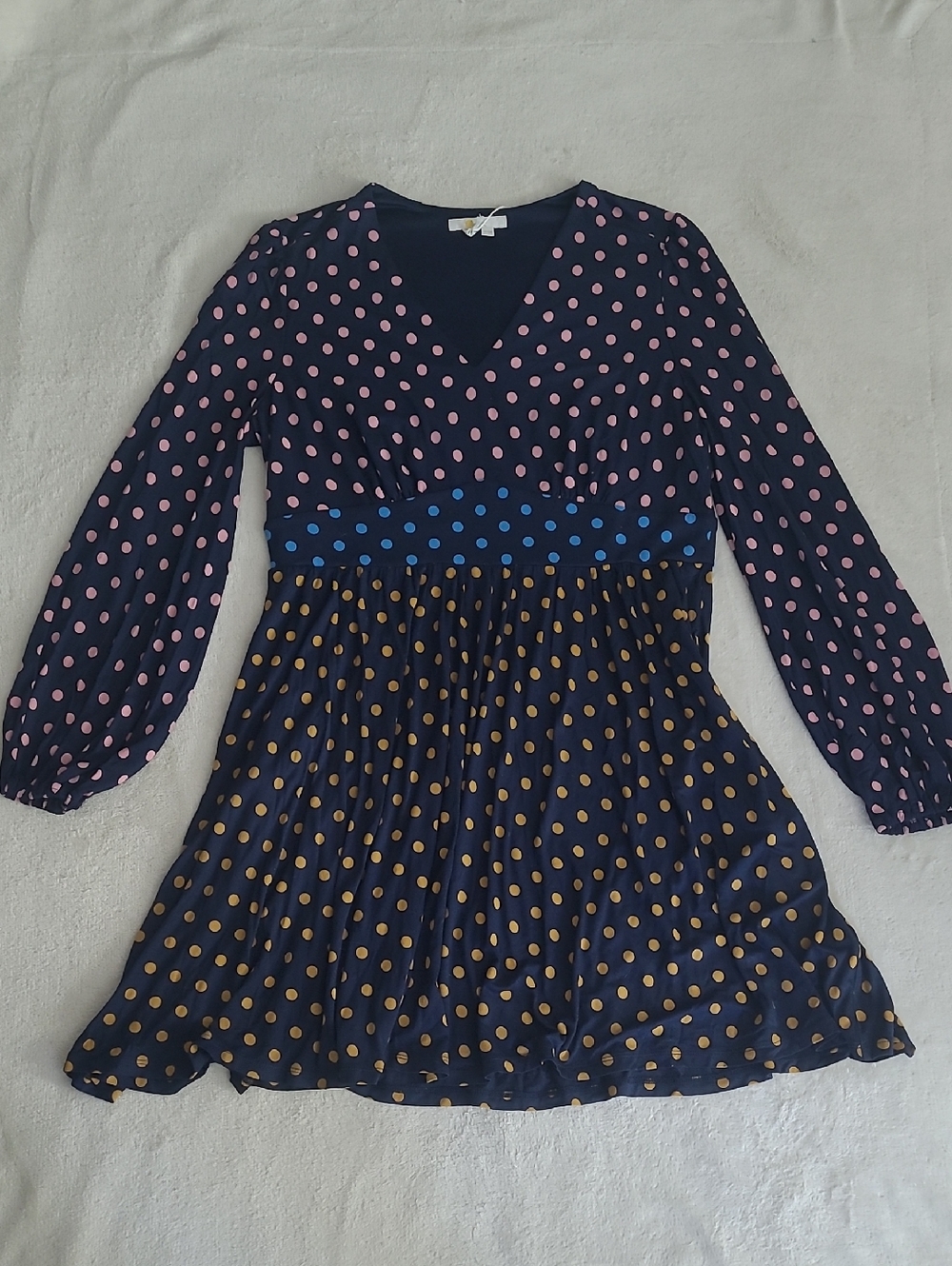 Boden Dress Female US 12 Navy Polka Dot Long Sleeve Empire Midi NWT Cottagecore - Picture 3 of 14